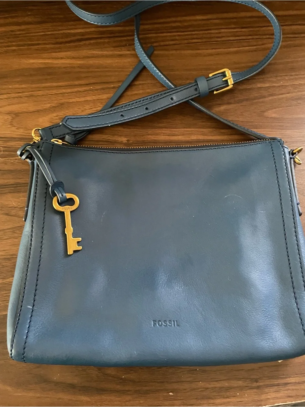 Fossil Navy Leather Crossbody Bag with Gold Hardware